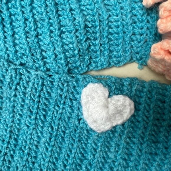 Hand Knit Barbie Core Cute Kawaii Teal Knit Scarf Pink Ruffle Trim White Heart - Picture 6 of 7